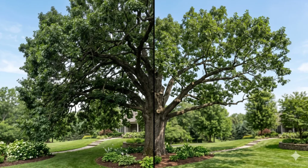 A side-by-side comparison showing a large mature tree before and after professional structural pruning, highlighting selective branch removal for weight reduction and improved canopy balance.