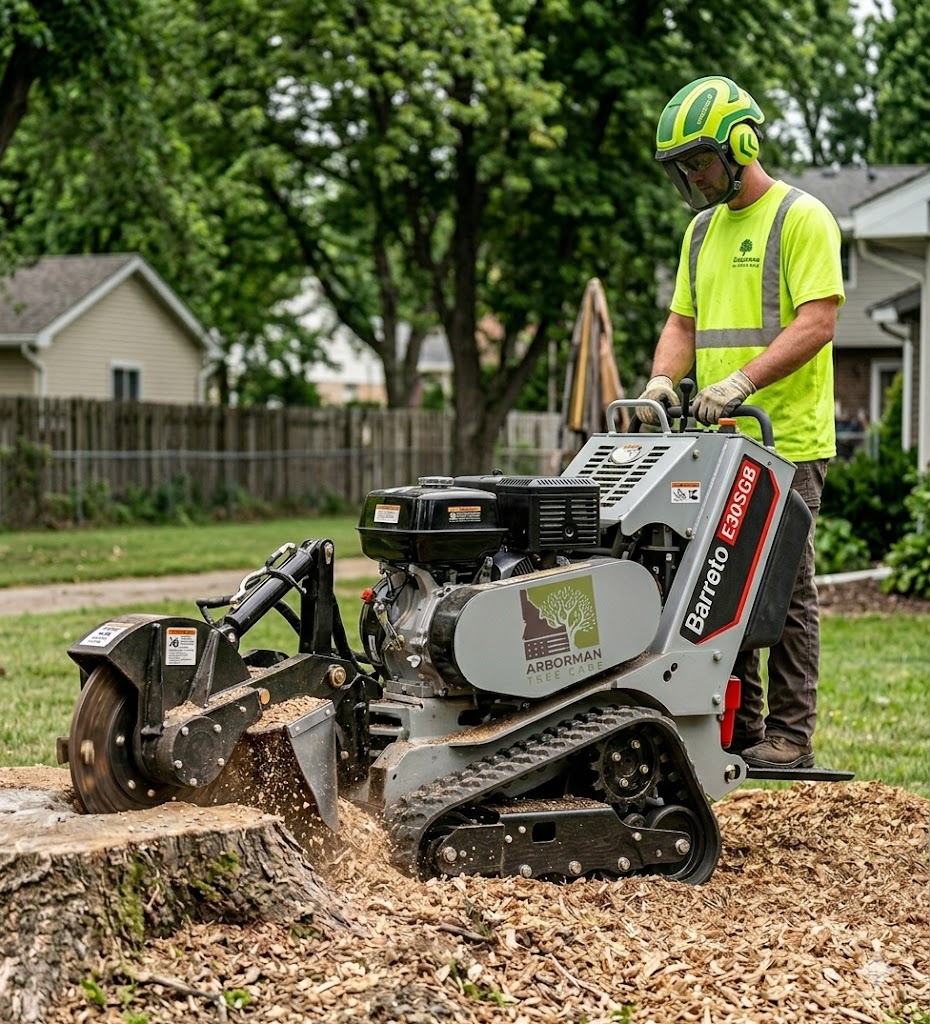 An Arborman Tree Care technician operating a professional grey tracked stump grinder to remove a large tree stump on a residential lawn, wearing a bright neon green safety shirt, helmet, and ear protection.