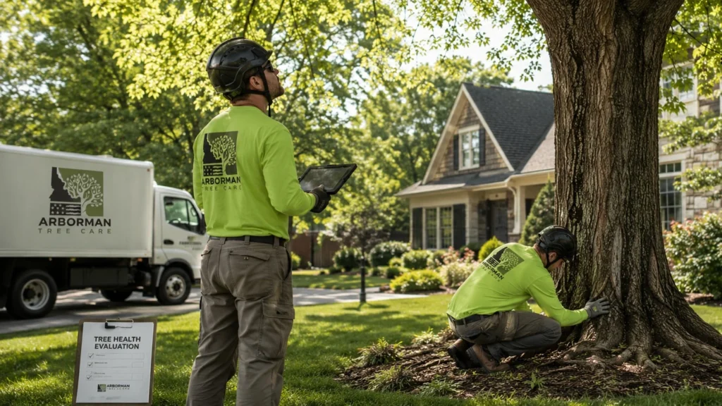 An ISA-certified arborist from Arborman Tree Care holding a digital tablet to document data while performing a professional tree health evaluation on a mature residential landscape tree in a Boise Idaho neighborhood.