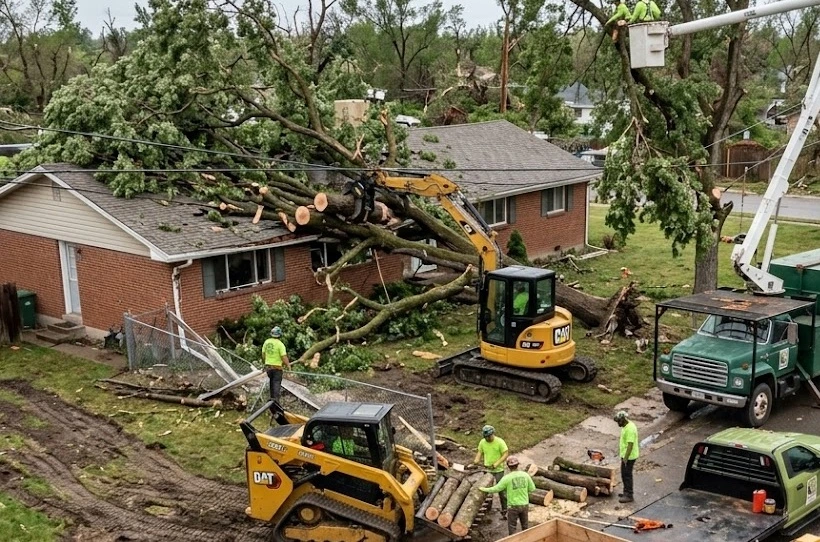 An emergency tree service crew using a compact excavator and a skid steer to safely remove a massive fallen storm-damaged tree from the roof of a residential brick house in a Boise Idaho neighborhood.