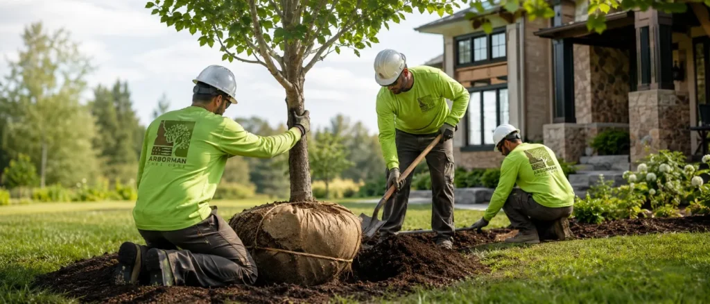 A professional landscaping and arborist crew wearing hard hats and safety gear preparing a large ball-and-burlap tree for planting in a excavated soil trench on a residential property lawn in Meridian Idaho.