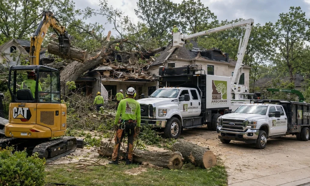 An Arborman Tree Care specialist in safety gear coordinating a massive storm damage recovery operation featuring a company bucket lift truck, log loading equipment, and ground crews cutting up a large fallen tree impacting a residential house structure in Meridian, Idaho.